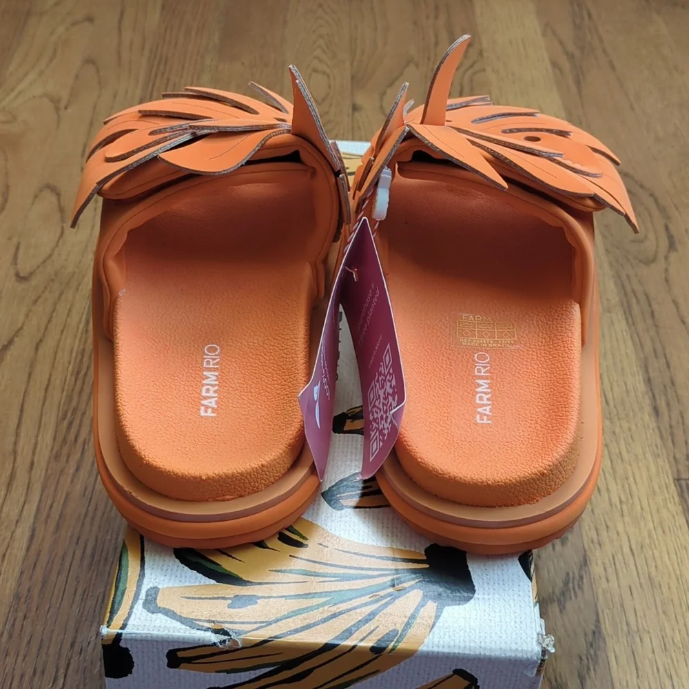 NIB FARM Rio Monstera Anatomic Slide Sandals In Orange Women's Size 7